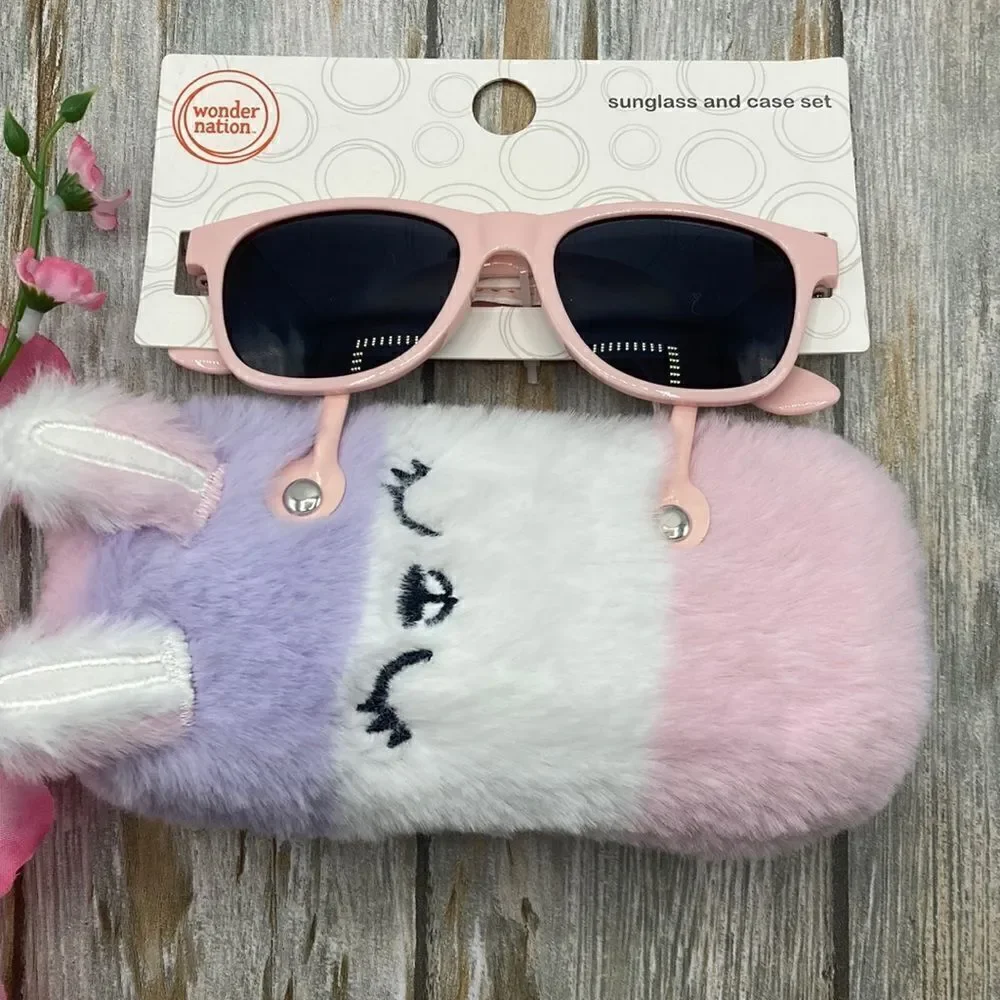 Girls Fun Summer Sunglasses With Unicorn & Bunny Faux Fur Carrying Cases